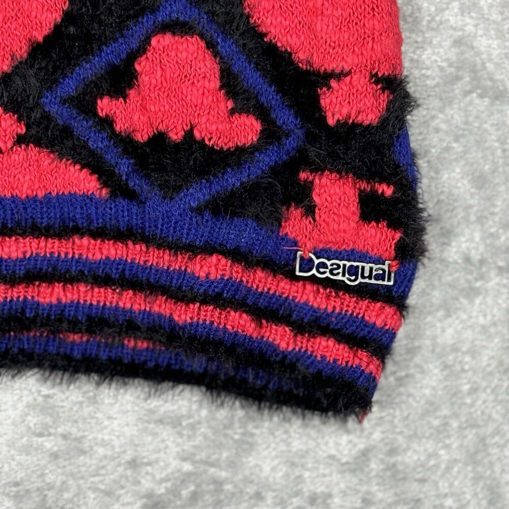 Desigual Sweater Women Small Pink Black Fuzzy Fleur de Lis Casual Colorful Artsy - Picture 6 of 9